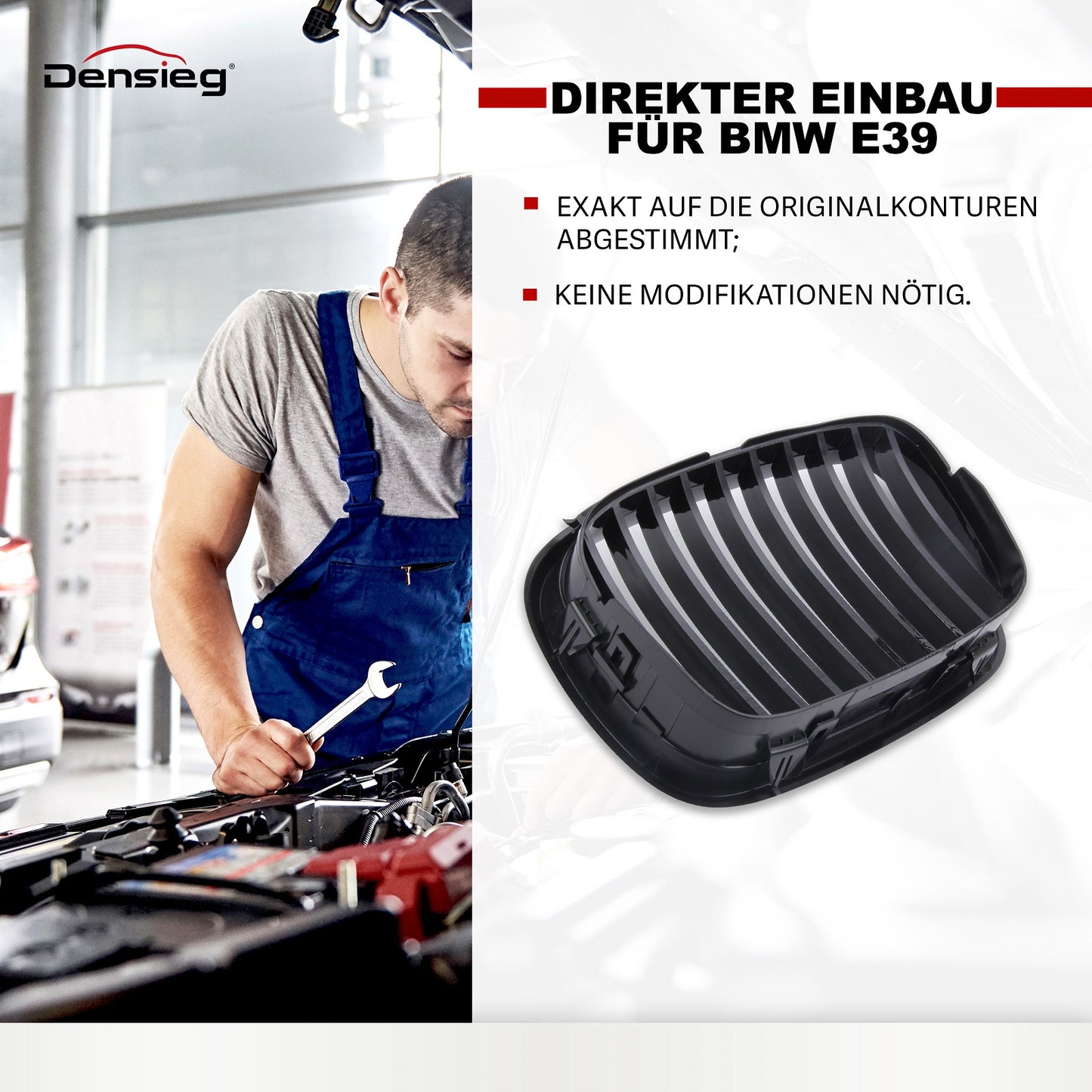 Einzelsteg Kühlergrill Nieren Glanz Schwarz für BMW 5er E39 1995-2003