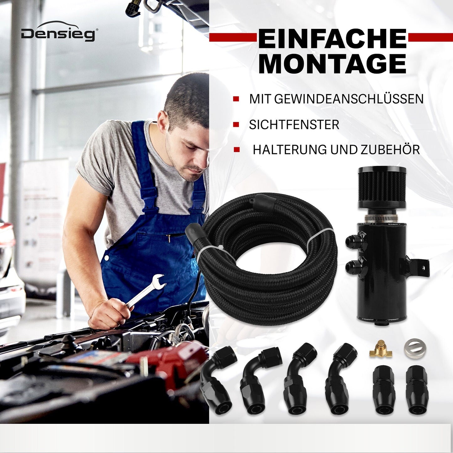 0,75L Aluminium Oil Catch Tank mit Luftfilter + AN10 Kraftstoffschlauch