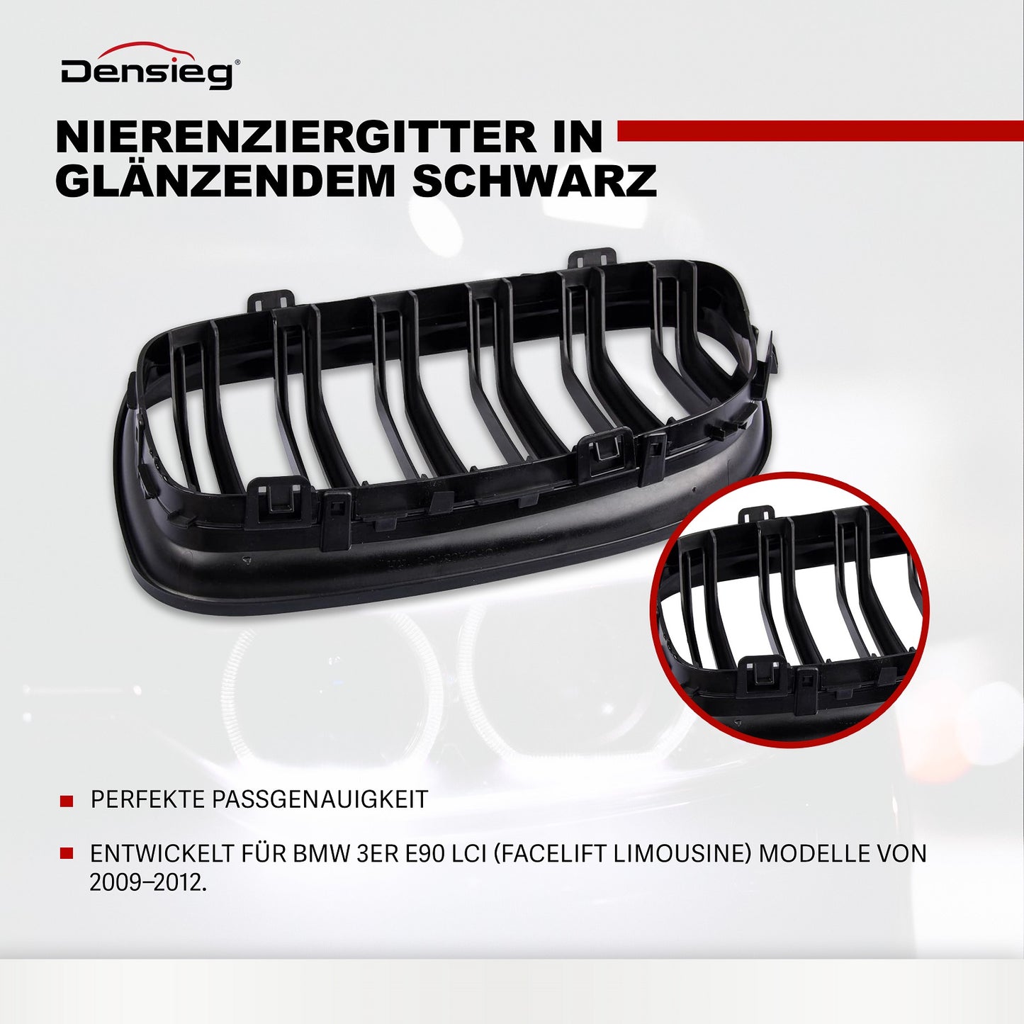 Par de rejillas de radiador tipo riñón en ABS NEGRO BRILLO para BMW Serie 3 E90 09-12