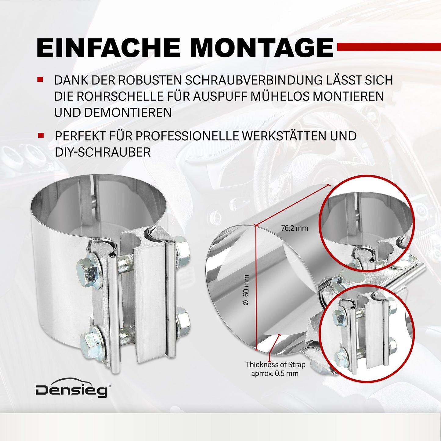 2 Stück Auspuffschelle Ø 60mm – Edelstahl Rohrschelle für Abgasanlage