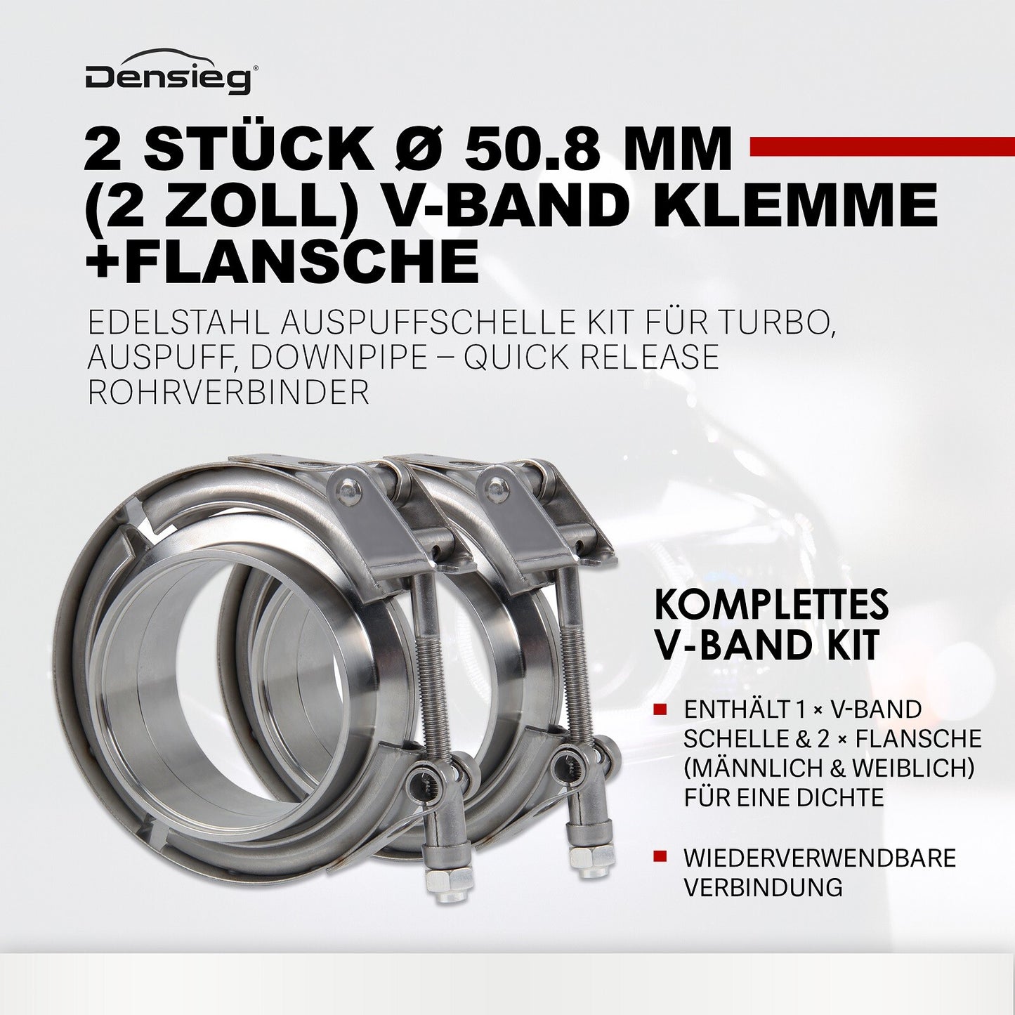 2x 2" 50,8mm V-Band Schelle + Flansch Kit Edelstahl Auspuff Turbo Klemme