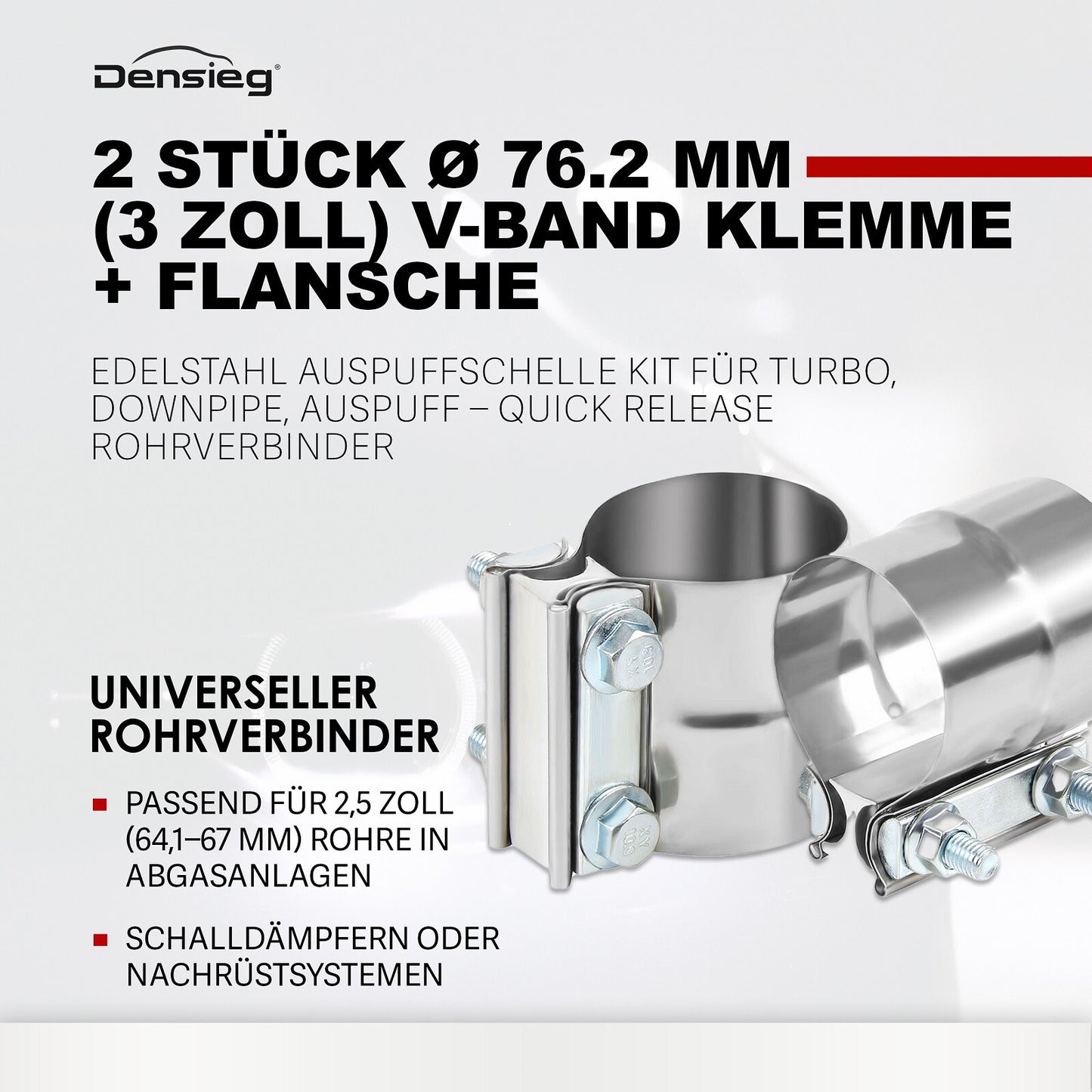 2 Stück Edelstahl Auspuff Rohrverbinder Ø 63mm / 2,5" für Abgasanlage
