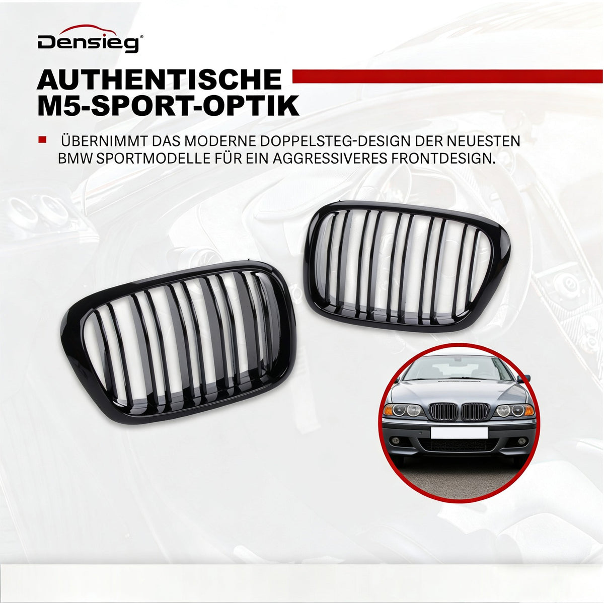 Nieren Kühlergrill Doppelsteg Glanz Schwarz für BMW 5er E39 1995-2003