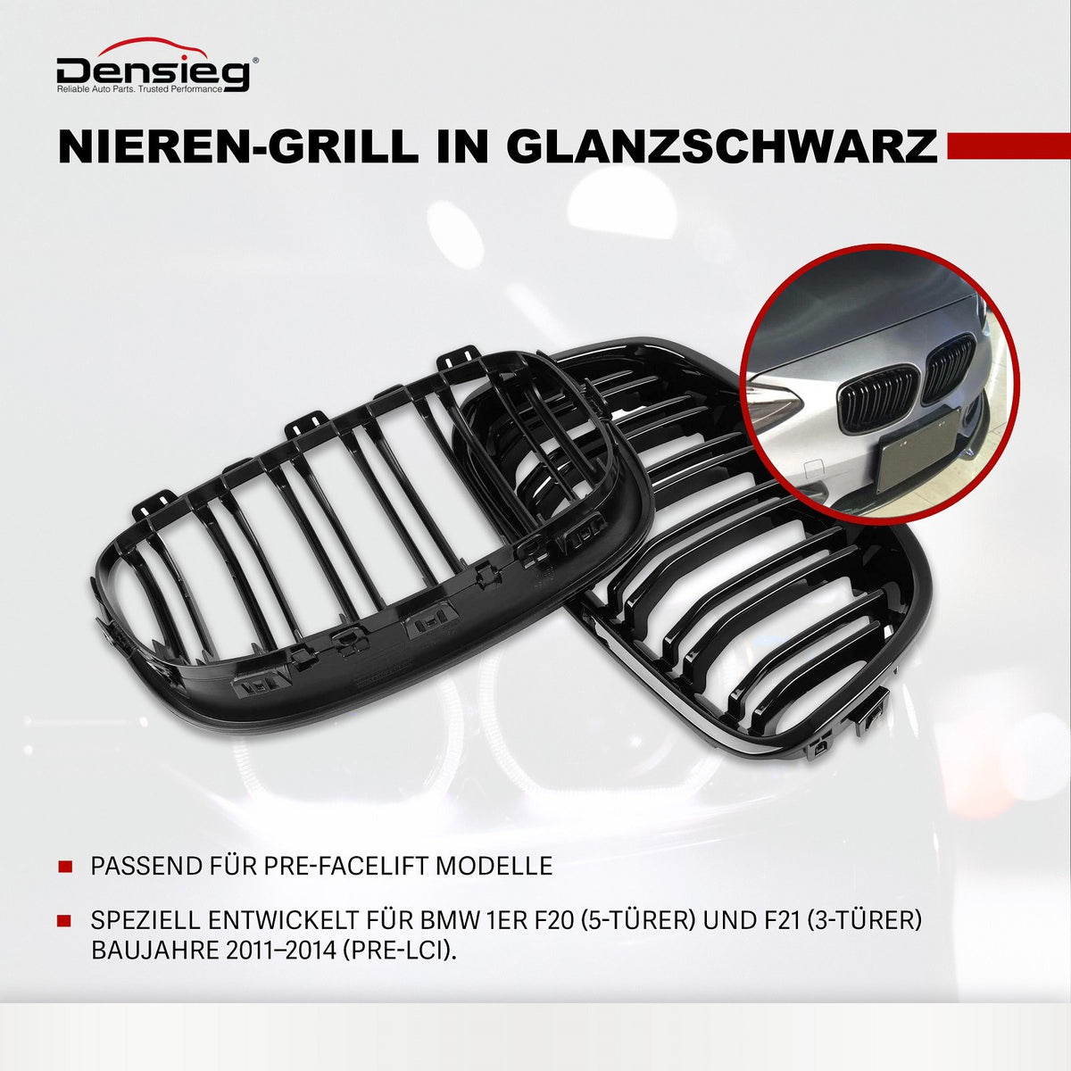 Einzelsteg Kühlergrill für BMW 1er F20 F21 2011-2014 Glanz Schwarz