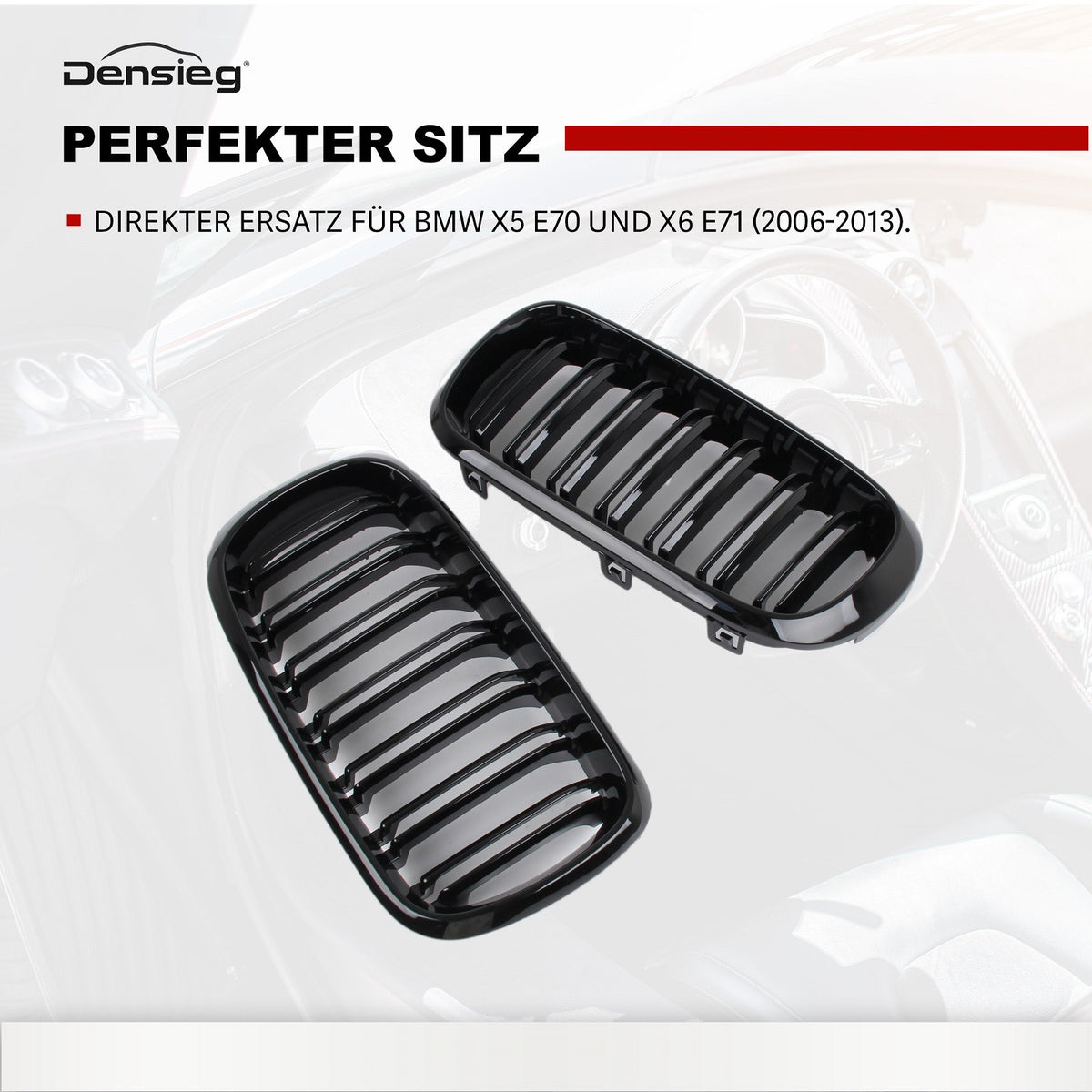 Sport Grill Nieren Kühlergrill für BMW X5 E70 X6 E71 06-13 Glanz Schwarz