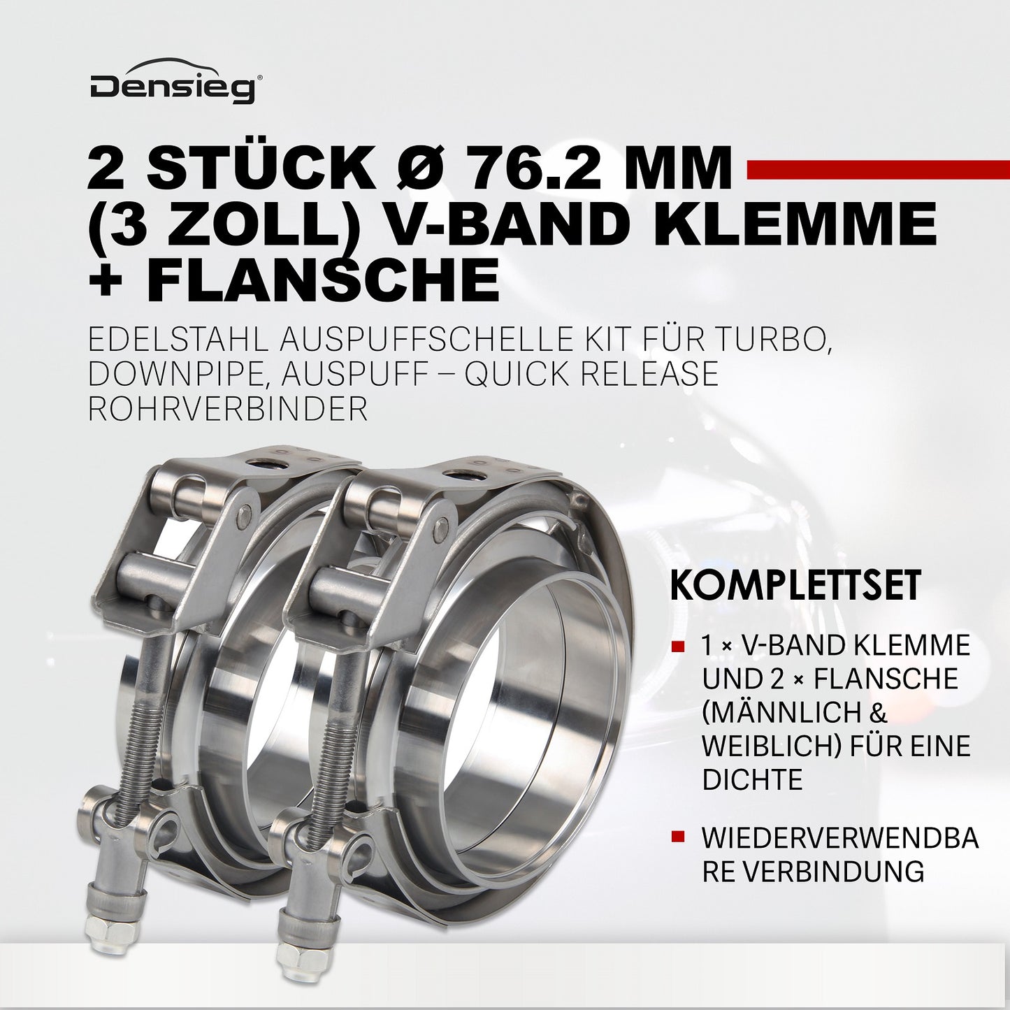2x V Band Schelle Flange Edelstahl 76mm 3 Zoll Auspuff Turbo Rohrschelle